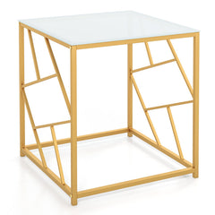 Square End Table with Tempered Glass Tabletop and Gold Finish Geometric Frame