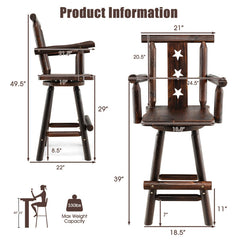 29 Inch Wooden Swivel Bar Stool with Footrest Backrest Armrest