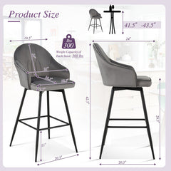 2 Pieces 29.5 Inch Pub Height Swivel Velvet Bar Stools with Metal Legs
