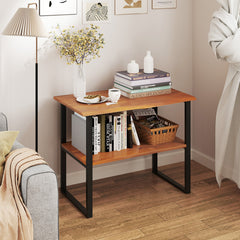 2-Tier Teak Wood End Table Sofa Side for Living Room Hallwa
