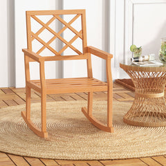 Teak Wood Rocking Chair Oversized Porch Rocker with Backrest and Slatted Seat