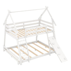 Twin Over Queen Bunk Bed Wooden Kids Bed with Climbing Nets and Ramp