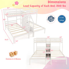 Twin Over Twin and Twin Bunk Bed with Storage Staircase and Guardrail for 3 Kids Teens