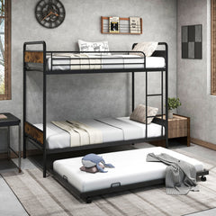 Twin Over Twin Bunk Bed with Trundle with Ladder and Full-length Guardrails