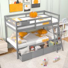 Twin Over Twin Bunk Bed Wood Bed Frame with 2 Storage Drawers and Ladder