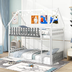 Twin Over Twin Bunk Bed with Fence and Ladder for Kids