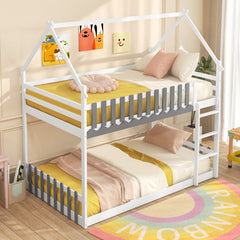 Twin Over Twin Bunk Bed with Fence and Ladder for Kids