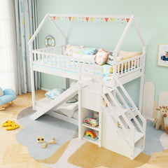 Twin Over Twin Bunk Bed with Slide and Staircase