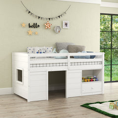 Solid Twin Size Wood Low Loft Bed with Storage and Drawer