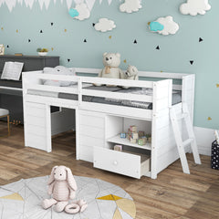 Solid Twin Size Wood Low Loft Bed with Storage and Drawer
