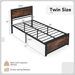 Twin Size Bed Frame Metal with High Headboard and Mute Bars