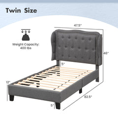Twin Size Bed Frame with Button Tufted Wingback Headboard and Storage Space