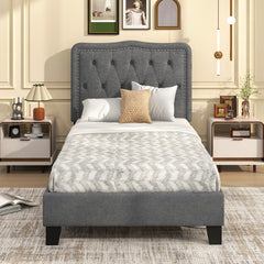Twin Size Bed Frame with 46 Inch Tall Button Tufted Headboard