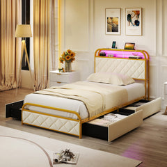 Twin/Full/Queen Size Bed Frame with LED Lights and Charging Station Golden