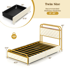 Twin/Full/Queen Size Bed Frame with LED Lights and Charging Station Golden