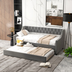 Twin Size Daybed with Trundle Sofa Bed with Curved Armrests and Backrest