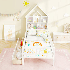 Twin Size House Bed Kids Montessori Bed with House-Shaped Storage Headboard