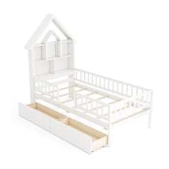 Twin Size House Bed Kids Montessori Bed with House-Shaped Storage Headboard