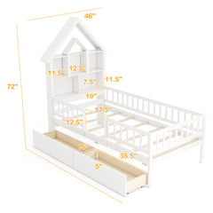 Twin Size House Bed Kids Montessori Bed with House-Shaped Storage Headboard