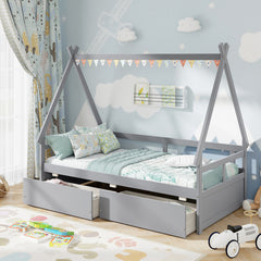 Twin Size House Bed with Roof and Safety Guardrail