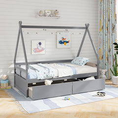 Twin Size House Bed with Roof and Safety Guardrail