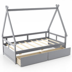 Twin Size House Bed with Roof and Safety Guardrail