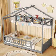 Twin Size House Bed with Storage Shelf and Headboard