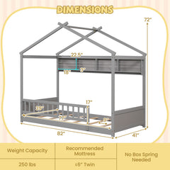 Twin Size House Bed with Storage Shelf and Headboard