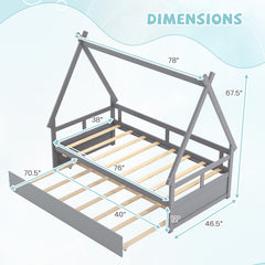 Twin Size House Bed with Trundle and Safety Guardrail