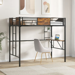 Twin Size Industrial Metal Loft Bed with Storage Shelf and Build-in Ladder