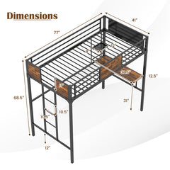 Twin Size Industrial Metal Loft Bed with Storage Shelf and Build-in Ladder