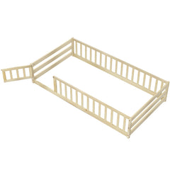 Twin Size Kids Wood Montessori Floor Bed with Door and Fence