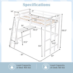 Twin Size Loft Bed Frame with Desk Angled and Built-in Ladder