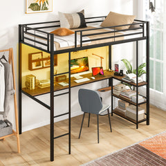 Twin Size Loft Bed Raised Platform Bed with Desk and 2 Storage Shelves