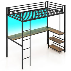Twin Size Loft Bed Raised Platform Bed with Desk and 2 Storage Shelves