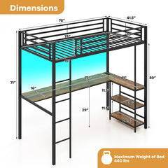 Twin Size Loft Bed Raised Platform Bed with Desk and 2 Storage Shelves