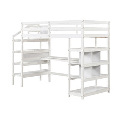 Twin Size Loft Bed with Desk and Storage Stairs Loft Bed Frame with Shelves and Safety Guardrails