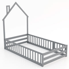 Twin Size Montessori Floor Bed with Lockable Door and Full-Length Guardrail
