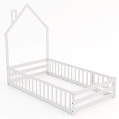 Twin Size Montessori Floor Bed with Lockable Door and Full-Length Guardrail