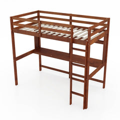 Twin Size Solid Wood Slatted Loft Bed Frame with Safety Guardrail for Kid