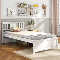 Wooden Platform Bed with Headboard and Wood Slat Support White