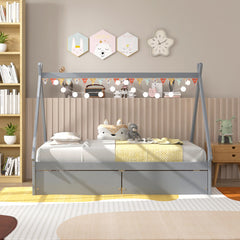 Twin Size Wooden Tent Platform House Bed with 2 Drawers
