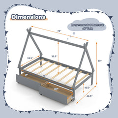 Twin Size Wooden Tent Platform House Bed with 2 Drawers