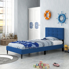 Twin Size Upholstered Platform Bed with with Button Tufted Linen Fabric Headboard