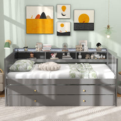 Twin XL Captain Bed with 2 Twin Trundle Beds and 3 Storage Cubbies