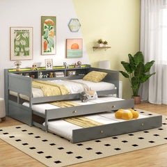 Twin XL Captain Bed with 2 Twin Trundle Beds and 3 Storage Cubbies