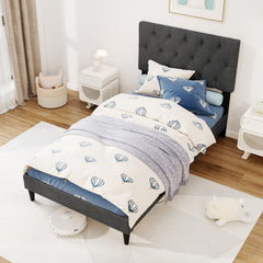 Upholstered Platform Bed with Tufted Headboard and Wooden Slats Gray
