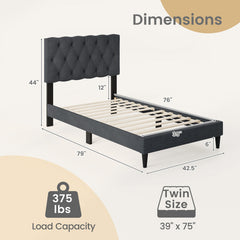 Upholstered Platform Bed with Tufted Headboard and Wooden Slats Gray