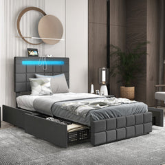 Upholstered LED Bed Frame with Headboard and Drawers-Gray