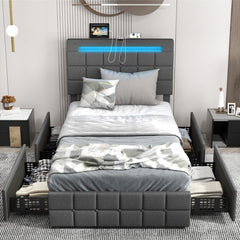 Upholstered LED Bed Frame with Headboard and Drawers-Gray